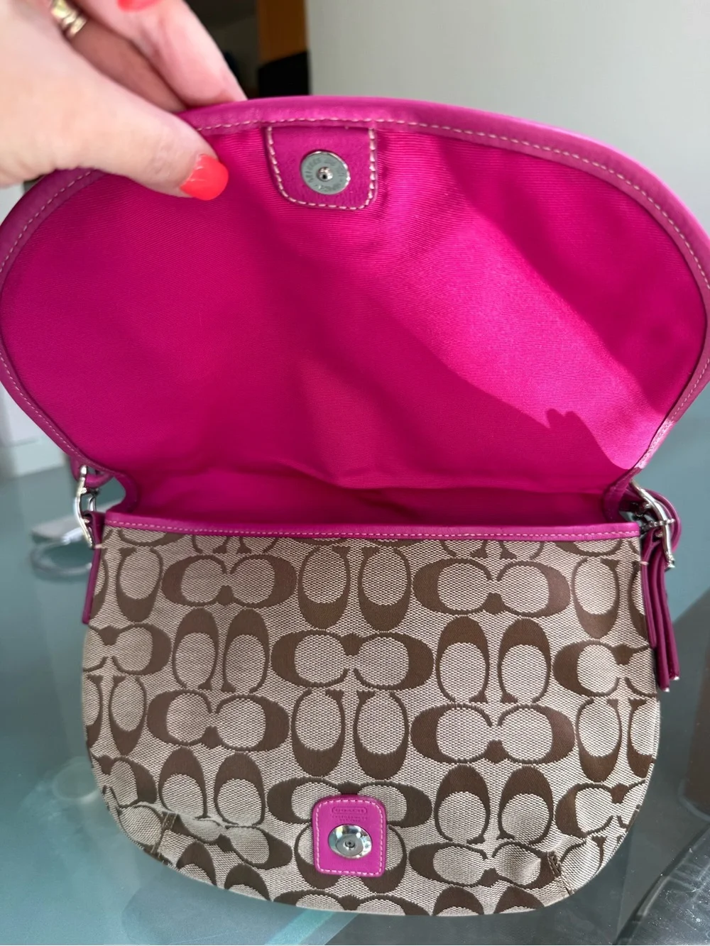 Coach Brown Signature Shoulder Bag with Pink Trim